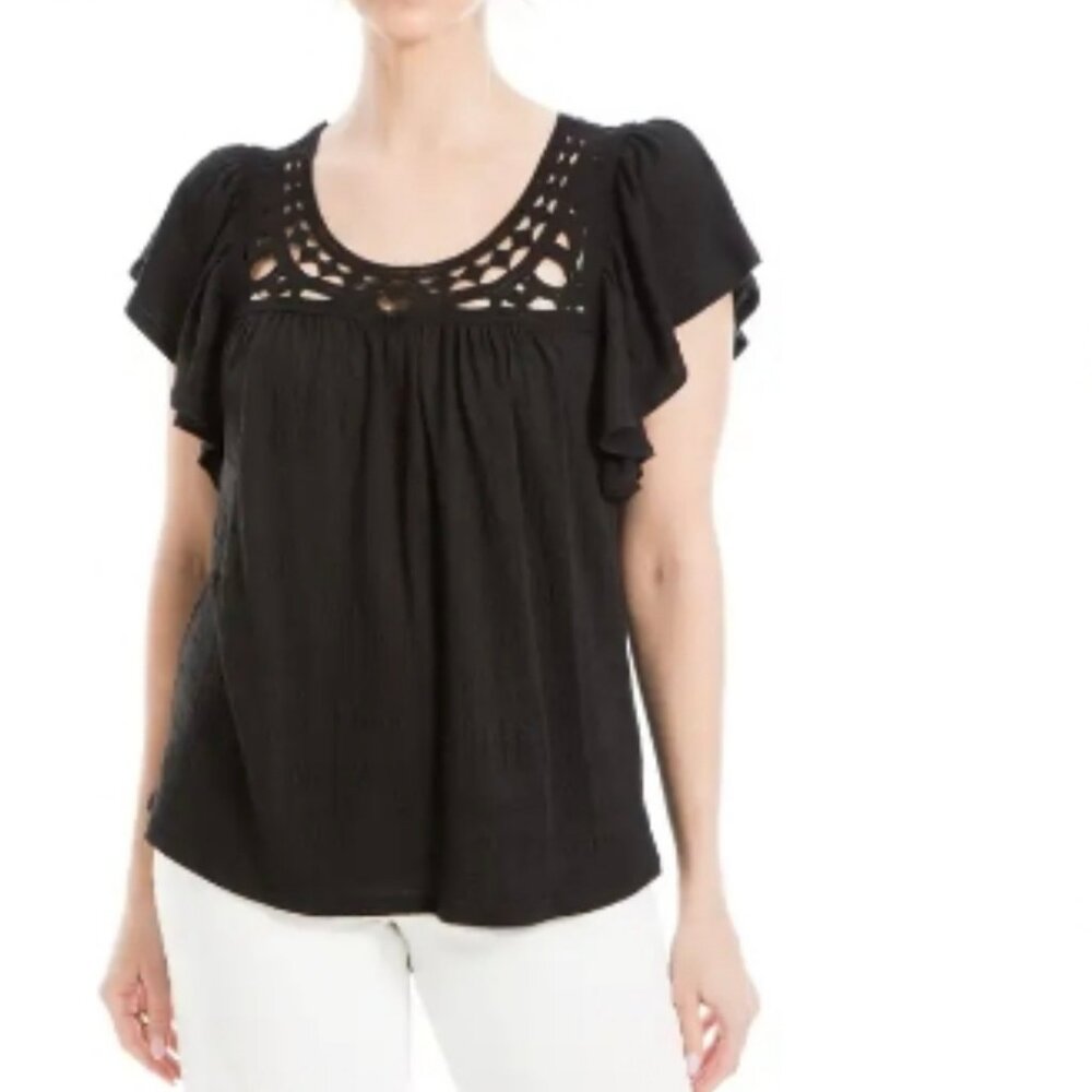Max Studio Open Stitch Crinkle Top Black Women's Size XS  NWT